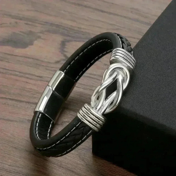 Mens Black Leather Braided Stainless Steel Bracelet - Picture 2 of 4